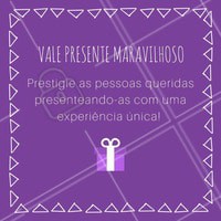Ofereça essa alegria para aquela pessoa especial! Imagina um presente desses? Aproveite!
Aqui no nosso espaço (coloque o nome do local) nós temos vale presente!
#ahazou #vale #valepresente