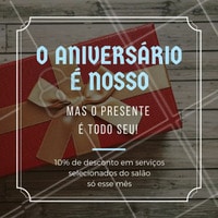 Esse mês, o aniversário é nosso. Mas... sabemos que não seríamos nada sem nossos clientes, então quem ganha o presente é VOCÊ! Entre em contato conosco para saber mais sobre as promoções do mês de aniversário do salão ;) #salaodebeleza #ahazou #aniversario