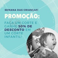 Vai cortar o cabelo nessa semana das crianças? Aproveite nosso desconto e deixe seu filho ou filha MAIS lindos do que já são 💗 Aqui no salão (inserir nome), seu filho é muito bem-vindo e vai se divertir cortando o cabelo! Agende seu horário! #corteinfantil #diadascriancas #semanadascriancas #ahazou #desconto