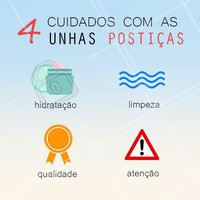1 - Hidratação: antes de aplicar as unhas postiças, hidrate sempre as naturais para deixá-las mais fortes e resistentes.
2 - Limpeza: siga as regras de limpeza das unhas postiças!
3 - Qualidade: Invista em unhas de qualidade e produtos certos.
4 - Atenção: evite o contato com produtos que dissolvem a cola.
#unha #ahazou #unhasposticas #manicure