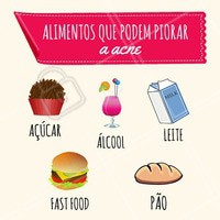 Problemas com acne? 😪 Esses alimentos, se consumidos em excesso, podem influenciar na piora da acne! Aposte sempre numa alimentação saudável, que refletirá no seu bem-estar e no da sua pele também. ;) #esteticafacial #ahazou #estetica #cuidadoscomapele #acne