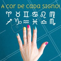 Escolhemos uma cor de esmalte para cada signo: 1. Áries: Vermelho 2. Touro: Azul marinho 3. Gêmeos: Pink 4. Câncer: Rosa claro 5. Leão: Roxo 6. Virgem: Nude 7. Libra: Lilás 8. Escorpião: Preto 9. Sagitário: Laranja 10. Capricórnio: Branco 11. Aquário: Turquesa 12. Peixes: Azul claro. E aí, vocês concordam? Conte pra gente qual seu signo e sua cor predileta! #unhas #signos #ahazou #cores #esmalte