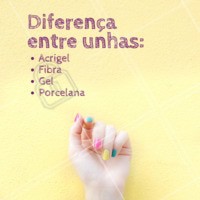 Acrigel: é uma mistura de gel com pó acrílico que protege as unhas naturais contra os “baques” do dia a dia, favorecendo o crescimento.
Unhas de fibra: conhecidas também como alongamento com fibra de vidro, são feitas com material moldado em cima das unhas naturais. Entre as vantagens está a durabilidade, podendo ser feita sem contraindicação.
Unhas de gel: neste técnica, camadas em gel são moldadas com secagem em pequenas câmaras com luzes de UV. Também não prejudica o crescimento natural das unhas.
Unhas de porcelana: é feita uma extensão com pó de porcelana que aumenta o tamanho das unhas. A prótese não descola facilmente e confere maior durabilidade ao esmalte. #unhas #dicas #ahazou #manicure #pedicure