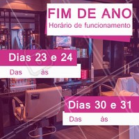 Fique atento aos nossos horários de funcionamento nas festas de final de ano! Não perca tempo e agende seu horário.
#fimdeano #ahazou #salao #beleza