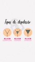Existem vários tipos de depilação feminina.
Virilha completa: remoção total dos pelos.
Virilha cavada: remoção parcial dos pelos.
Virilha simples: remoção dos pelos que ficam para fora da lingerie.
Agende já seu horário!
#depilação #ahazou #depiladora #pelelisinha