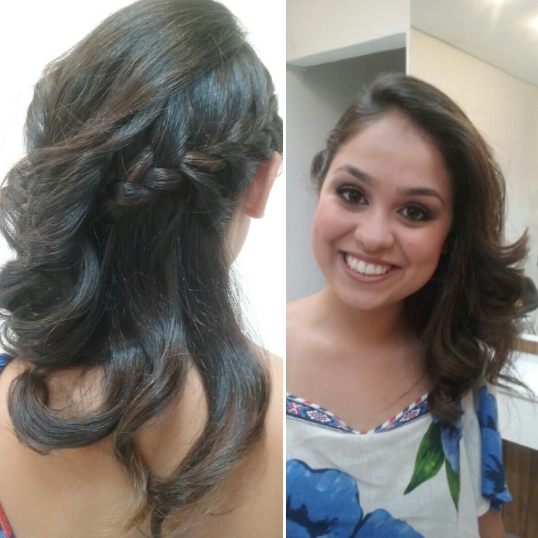 Penteado, trança lateral, festa, castanho escuro, cabelo médio, ondulado cabelo  