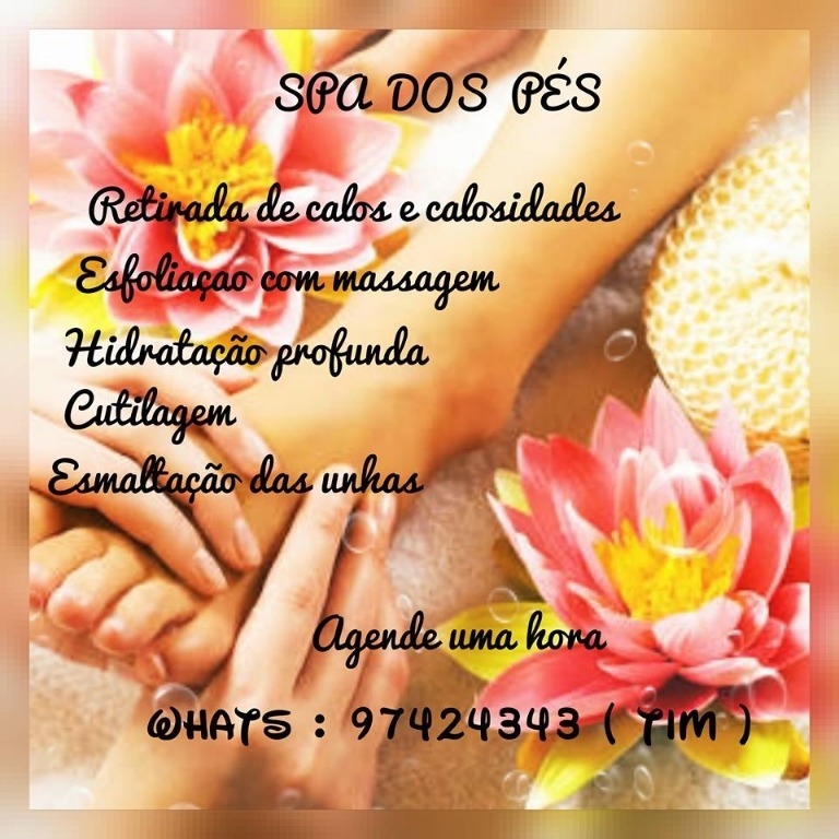 ATENDIMENTO A DOMICILIO whats 97424343 ( TIM )
SPA DOS PÉS
Indicado para os pés com calos, calosidades e ressecados
Também para proteção, nutrição e suavidade dos seus pés
*Lixamento
*Esfoliaçao com massagem
*Hidratação 
*Cutilagem
*Pintura
É um tratamento para hidratar e relaxar a região dos pés.
Os pés não têm muitas glândulas e portanto não se hidratam sozinhos. Por isto é muito importante regularmente fazer um spa dos pés com hidratação profunda para obter esse beneficio . Primeiro é feito um escalda pés com água morna para soltar e relaxar a musculatura dos pés, em seguida uma massagem com um creme esfoliante para eliminar as células mortas e promover a renovação celular. Logo após é realizada a aplicação da máscara de parafina envolvendo em botas térmicas para manter o calor e fazer com que o produto penetre. Para finalizar cutilagem e esmaltacao. podólogo(a) manicure e pedicure