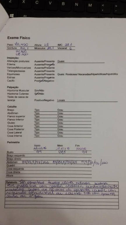 #posoperatorio
#esteticalaisrosas
Ficha de uma cliente que continua em tratamento pós operatório. 
Dermolipectomia abdominal e mastopexia com prótese.
Eliminou 4,200 kilos , 14 cm de abdomen e mais 5 cm de busto. esteticista