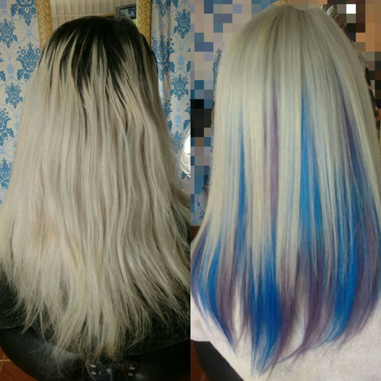 Retoque de raiz e singlelights violeta metálico e azul royal #platinum #platinumblonde #blond #whitehair #grennyhair #bluehair #violethair #colorful cabelo  cabeleireiro(a)