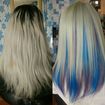 Retoque de raiz e singlelights violeta metálico e azul royal #platinum #platinumblonde #blond #whitehair #grennyhair #bluehair #violethair #colorful
