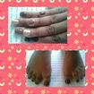 Cliente Ana Paula. Esmalte da Risque Café Brasileiro com Dará,  Dourado da Preta Gil e Capuccino da Risque na unha decorada (artesanalmente).