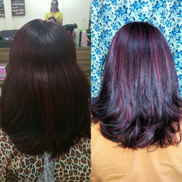 Cabelos castanho acajú com mechas no vermelho cereja... cabelo cabeleireiro(a) empresário(a)
