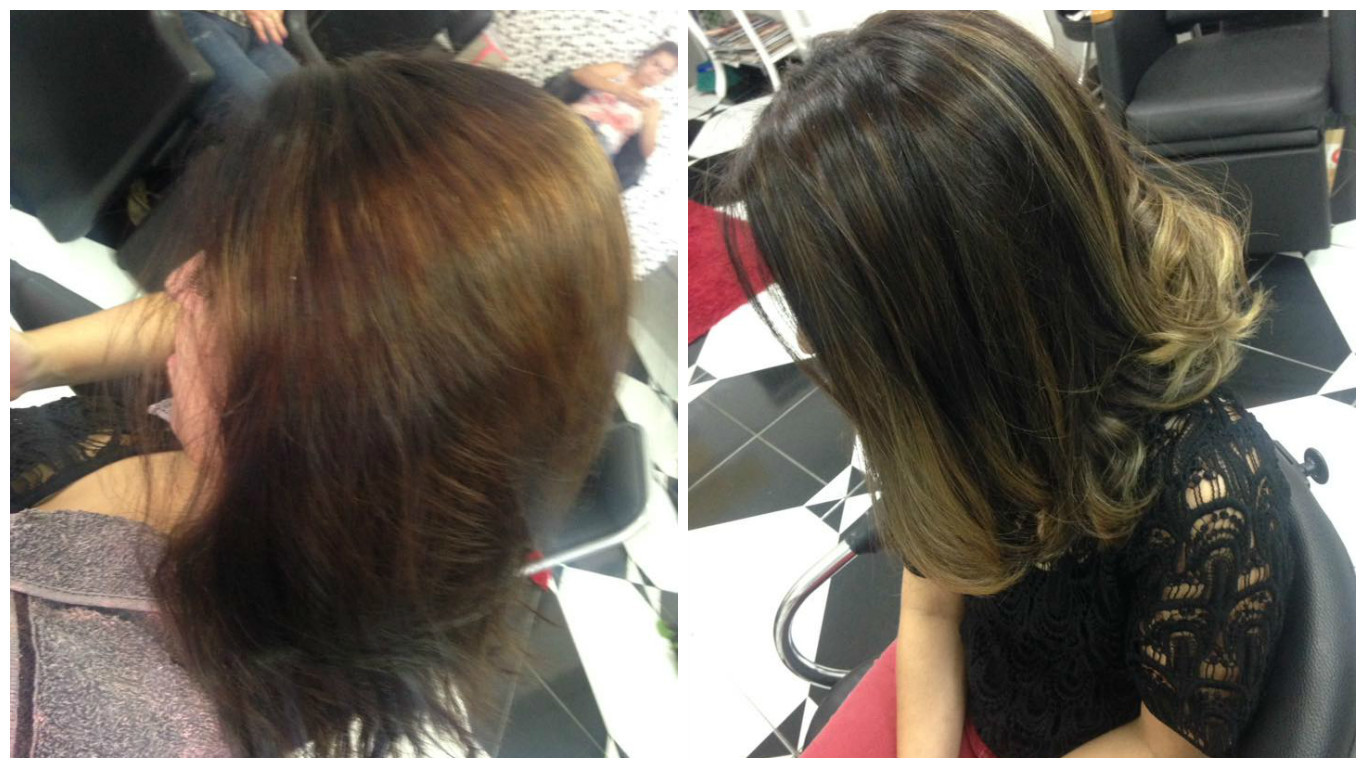 Correção de Manchas da primeira foto (* Cliente tentou fazer luzes sozinha em casa .*) + Reflexos finos com luminosidade nas pontas cabelo cabeleireiro(a) maquiador(a) auxiliar cabeleireiro(a)