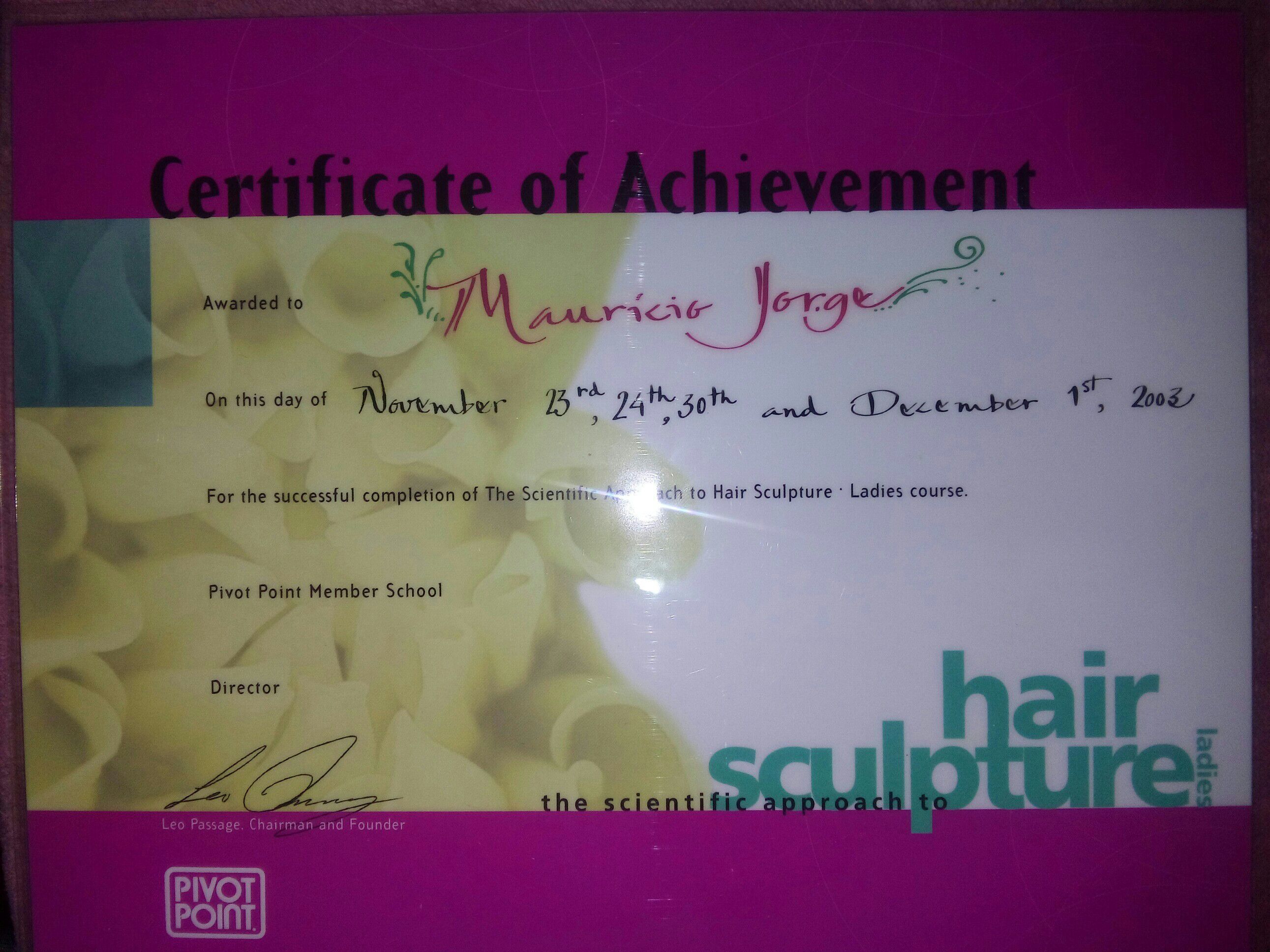 Meu certificado Pivot Point outros cabeleireiro(a)