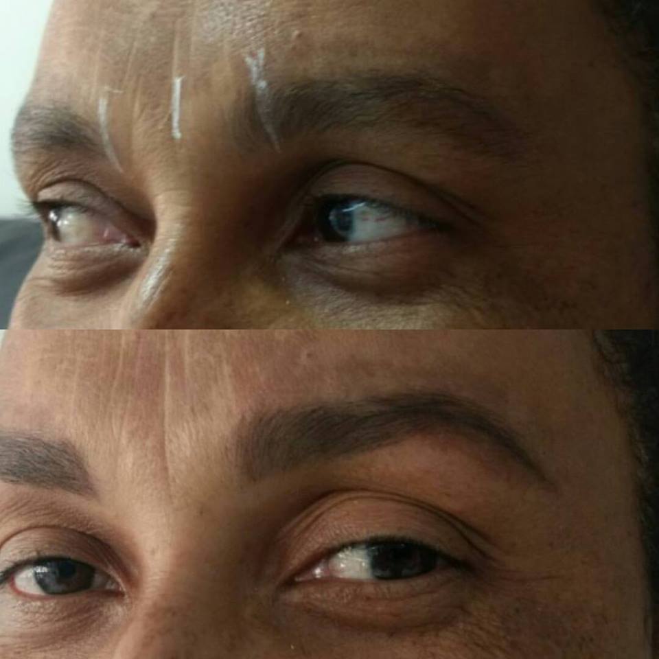 Antes e depois do design de sobrancelhas com aplicação de henna adequada ao tom da pele e cabelos de cada cliente. Definição com aparência natural. estética designer de sobrancelhas