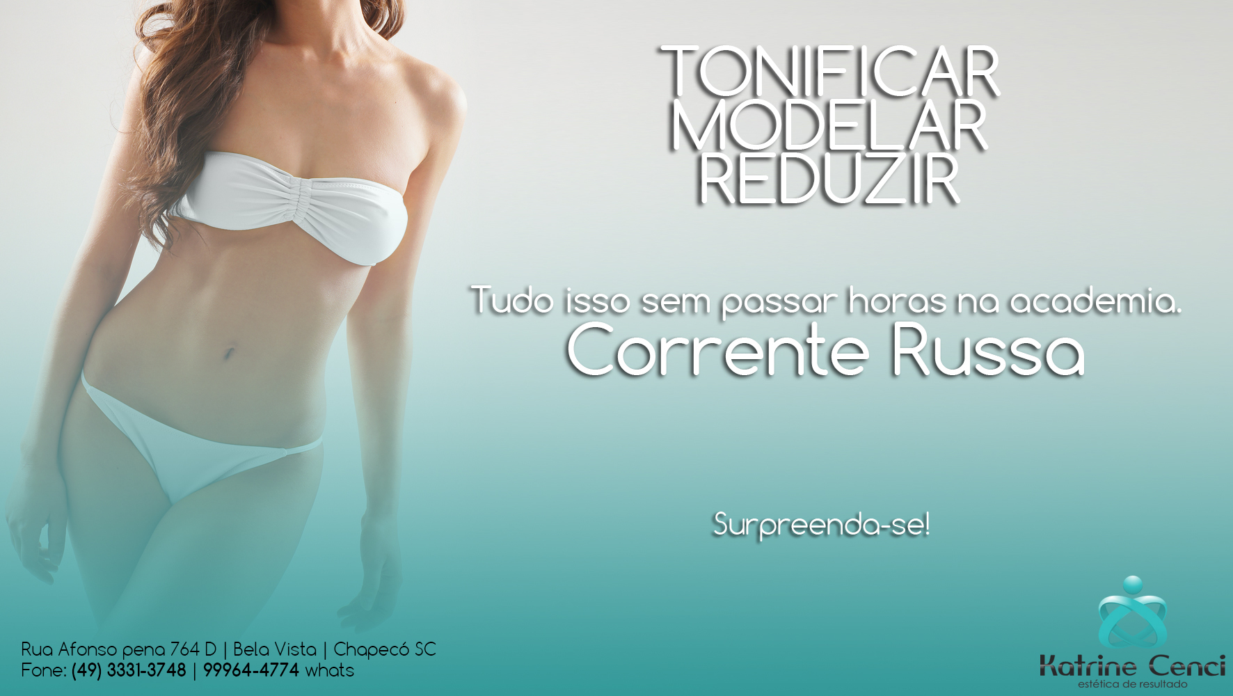O principal benefício da corrente russa se concretiza na tonificação muscular, cada sessão desta técnica pode proporcionar um efeito perfeito para o corpo. 
Para ter uma melhor noção desse poderoso tratamento apenas 10 minutos da técnica usada sobre o abdômen é equivalente a 400 abdominais praticadas de forma correta. 
A corrente russa, seja para qualquer músculo do corpo, oferece 40% mais resultados nas fibras musculares, do que a prática de exercícios comuns.
Agende já a sua sessão!
Preços especiais!
Katrine Cenci - estética de resultado
(49) 3331-3748 | 99964-4774 (whats) estética esteticista