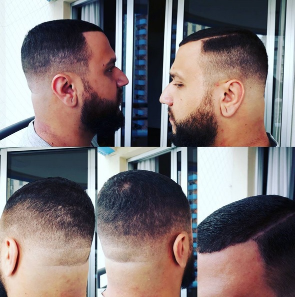 Mid Fade com Risco, Barba aparada limpa para crescer mais. cabelo barbeiro(a)