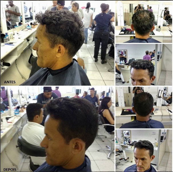 corte de cabelo no estilo Social com foco no disfarce da calvície e degradé lateral partindo do tamanho 1 da máquna cabelo barbeiro(a)