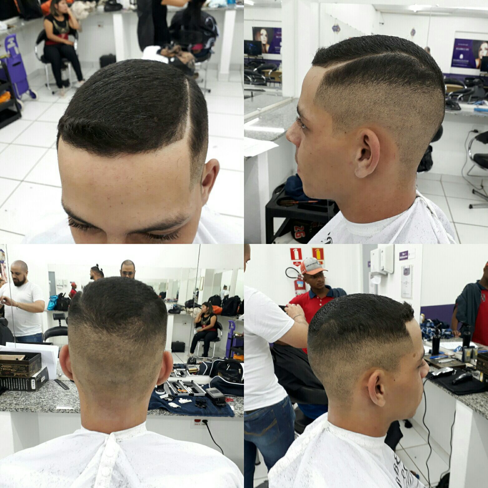 Hight Fade em cabelo com redemoinhos invertidos na nuca e nas laterais.
Risco clássico dando o toque final ao corte. cabelo barbeiro(a)