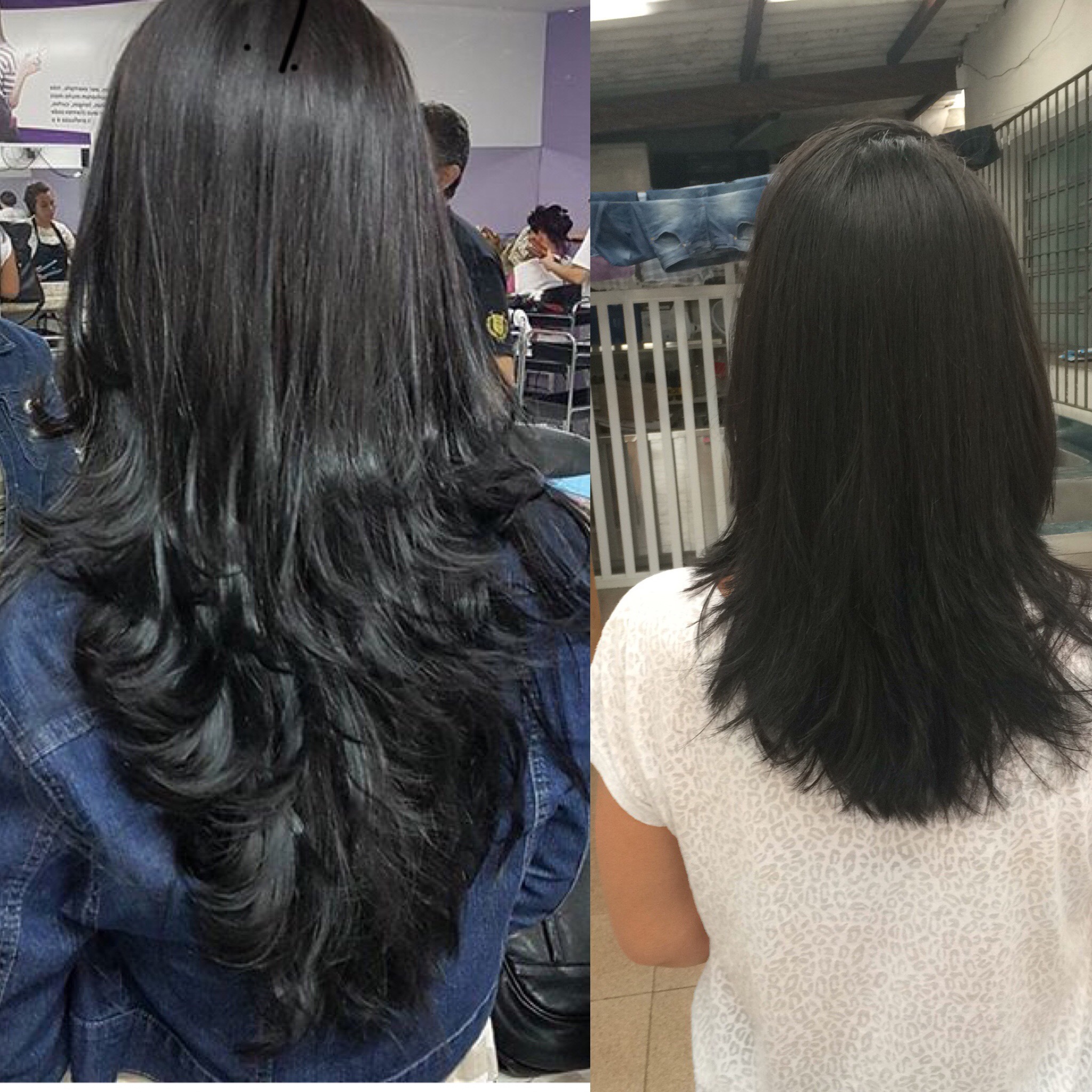 Primeira foto corte a 180º em V, feito escova modelada e chapinha. Segunda foto 5 meses depois da primeira imagem- corte a 45º em U, cliente queria deixar secar naturalmente. Cliente satisfeita e adorando cabelo curto. cabelo estudante (esteticista)