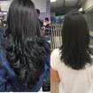 Primeira foto corte a 180º em V, feito escova modelada e chapinha. Segunda foto 5 meses depois da primeira imagem- corte a 45º em U, cliente queria deixar secar naturalmente. Cliente satisfeita e adorando cabelo curto.