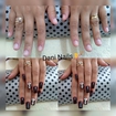 Alongamento em gel, antes de depois. Jóias montadas na unha pedrinha por pedrinha.
