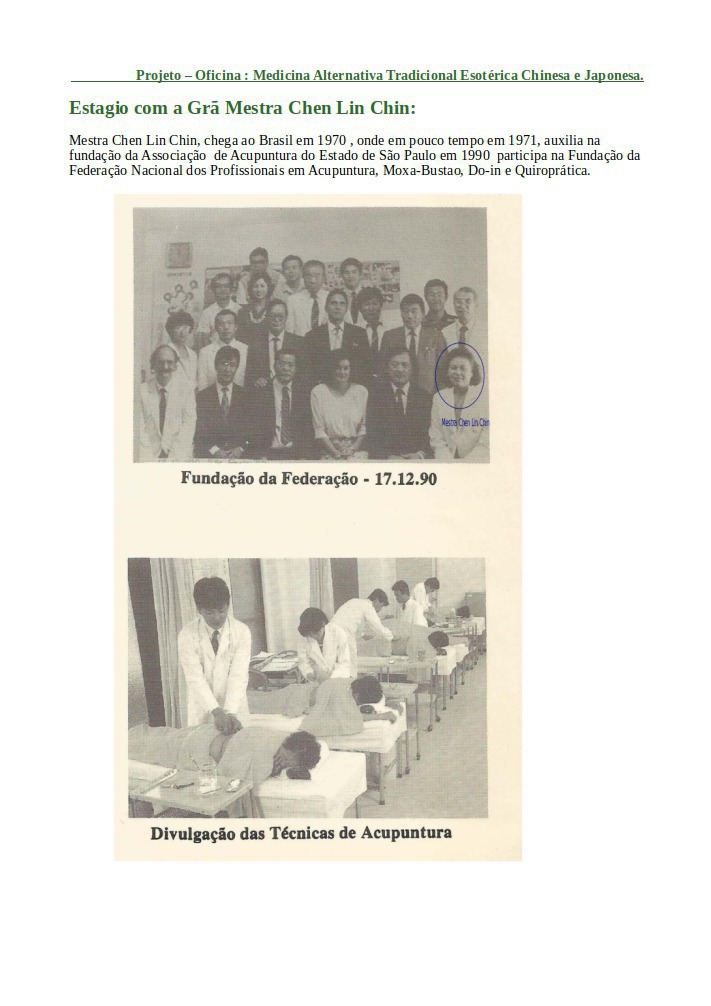 Historia de minha mestra Chen LIn Chin: Mestra Chen Lin Chin, chega ao Brasil em 1970 , onde em pouco tempo em 1971, auxilia na fundação da Associação de Acupuntura do Estado de São Paulo em 1990 participa na Fundação da Federação Nacional dos Profissionais em Acupuntura, Moxa-Bustao, Do-in e Quiroprática. outros acupunturista docente / professor(a)