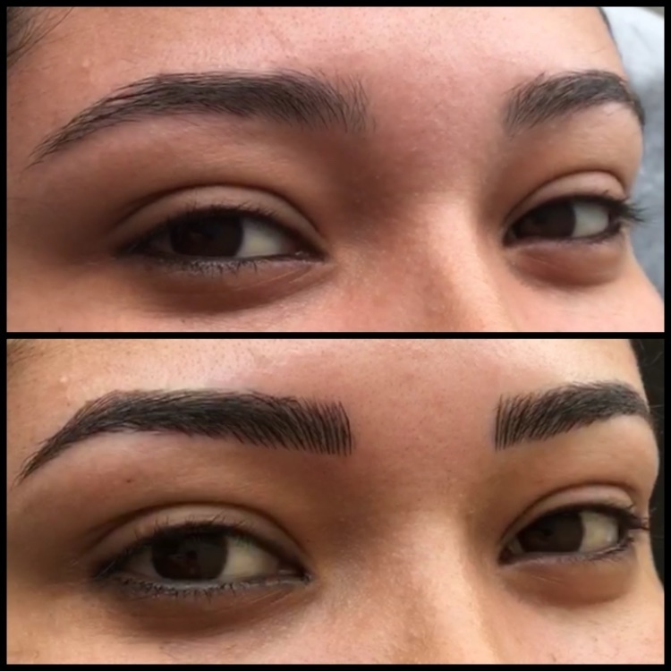 Antes e depois de um procedimento de micropigmentação fio a fio 3D realista. outros designer de sobrancelhas micropigmentador(a)