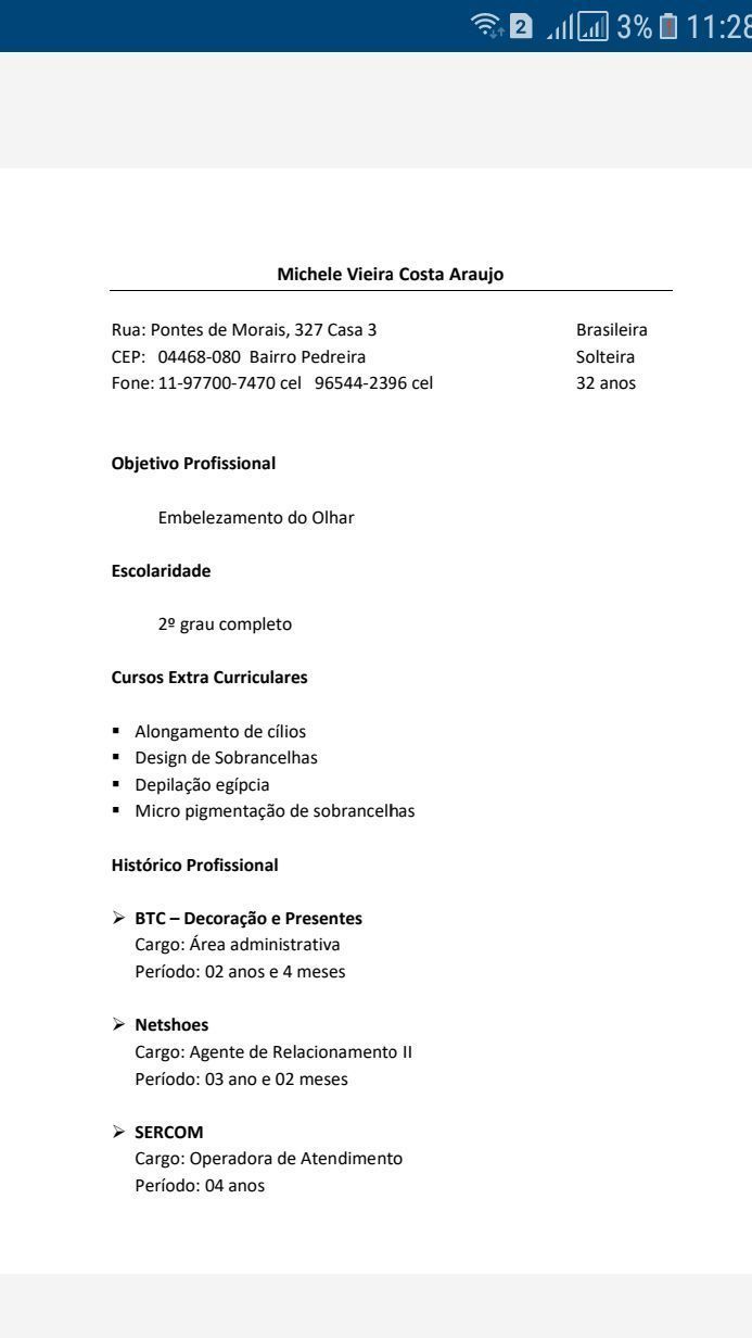 Estou em busca de oportunidade na área embelezamento do olhar. 

Desde já agradeço. 
Att.  
Michele Araújo estética micropigmentador(a)