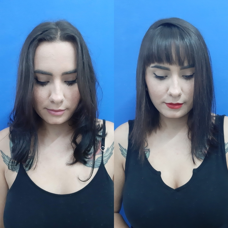 Um desfiado e uma franja cabelo auxiliar cabeleireiro(a) cabeleireiro(a) barbeiro(a)