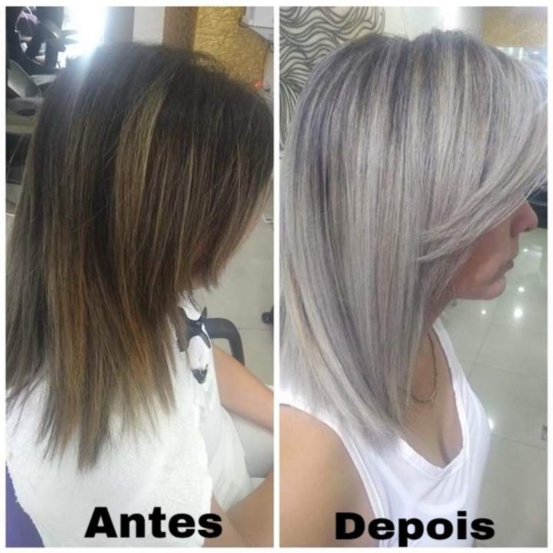 Antes um cabelo com a raiz natural porém o comprimento mais claro e manchado , o resultado  final fica por conta desse tom acinzentado intenso a critério do desejo da cliente. cabeleireiro(a) maquiador(a)