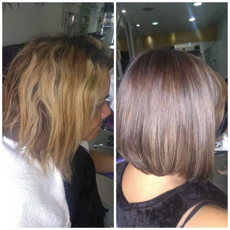 Correção de cor através apenas de uma coloração com nuance , que neutralizou os tons amarelado e marrom e preservou os tons mais claros realçando uns fios e proporcionando um visual de cabelo colorido não monocromático. cabeleireiro(a) maquiador(a)