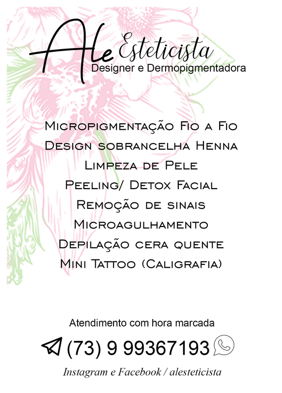 Micropigmentação Fio a Fio
Design Sobrancelha Henna
Limpeza de Pele
Peeling / Detox Facial 
Remoção de Sinais
Microagulhamento
Depilação Cera Quente estética esteticista dermopigmentador(a) designer de sobrancelhas micropigmentador(a)
