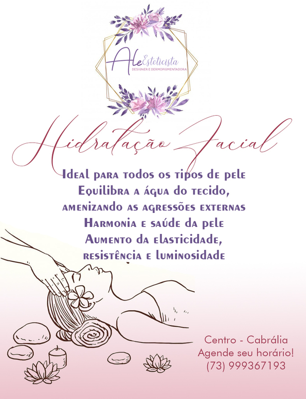 Hidratação Facial 
Ideal para todos os tipos de pele
Equilibra a água do tecido, amenizando as agressões externas
Harmonia e saúde da pele
Aumento da elasticidade, resistência e luminosidade
 estética esteticista dermopigmentador(a) designer de sobrancelhas micropigmentador(a)