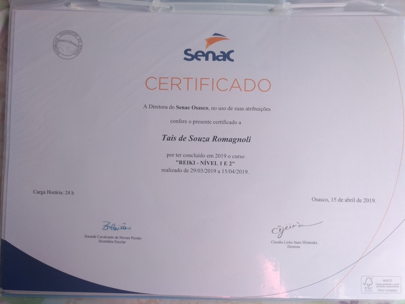 Certificado de conclusão Reiki níveis 1 e 2 Senac Osasco. outros massoterapeuta