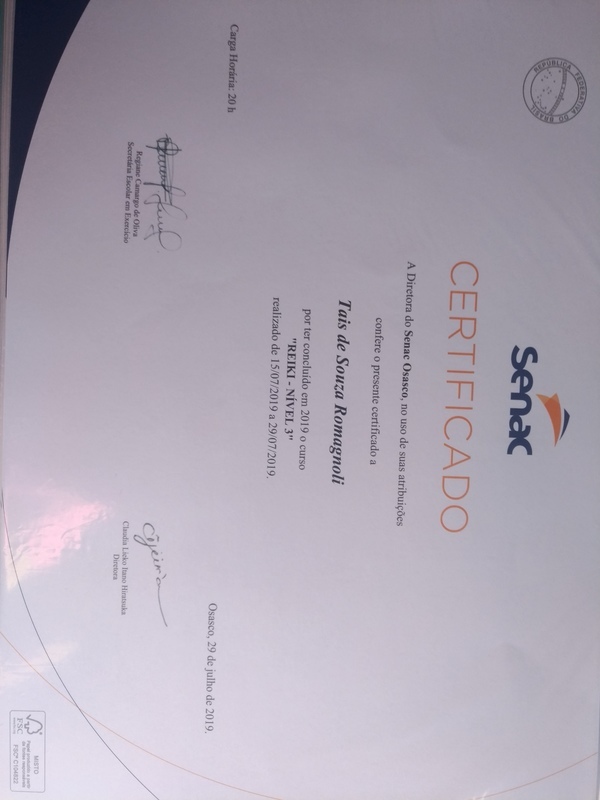Certificado de conclusão Reiki Nível 3 Senac Osasco massoterapeuta