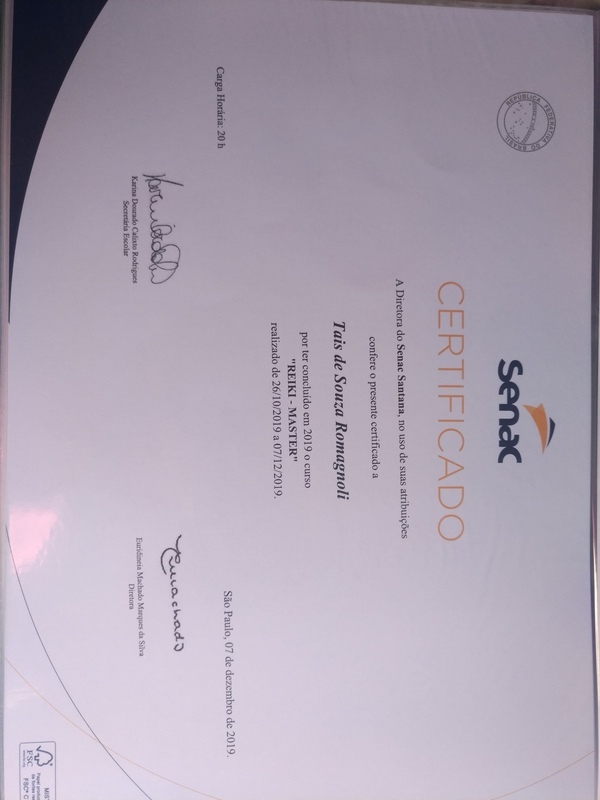 Certificado de conclusão Reiki Nível Master Senac Santana. outros massoterapeuta