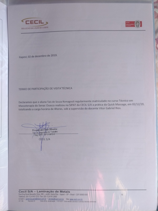Termo de participação de visita Técnica na empresa Cecil com a prática de Quick Massage em 12/2019. outros massoterapeuta